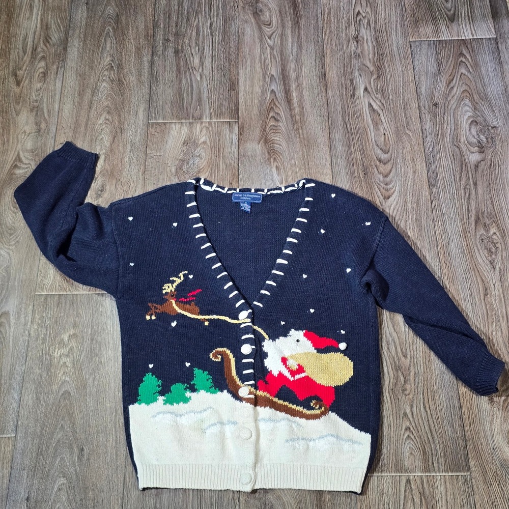 Norton McNaughton Petites Navy Santa Sleigh Ugly Christmas Cardigan Sweater M